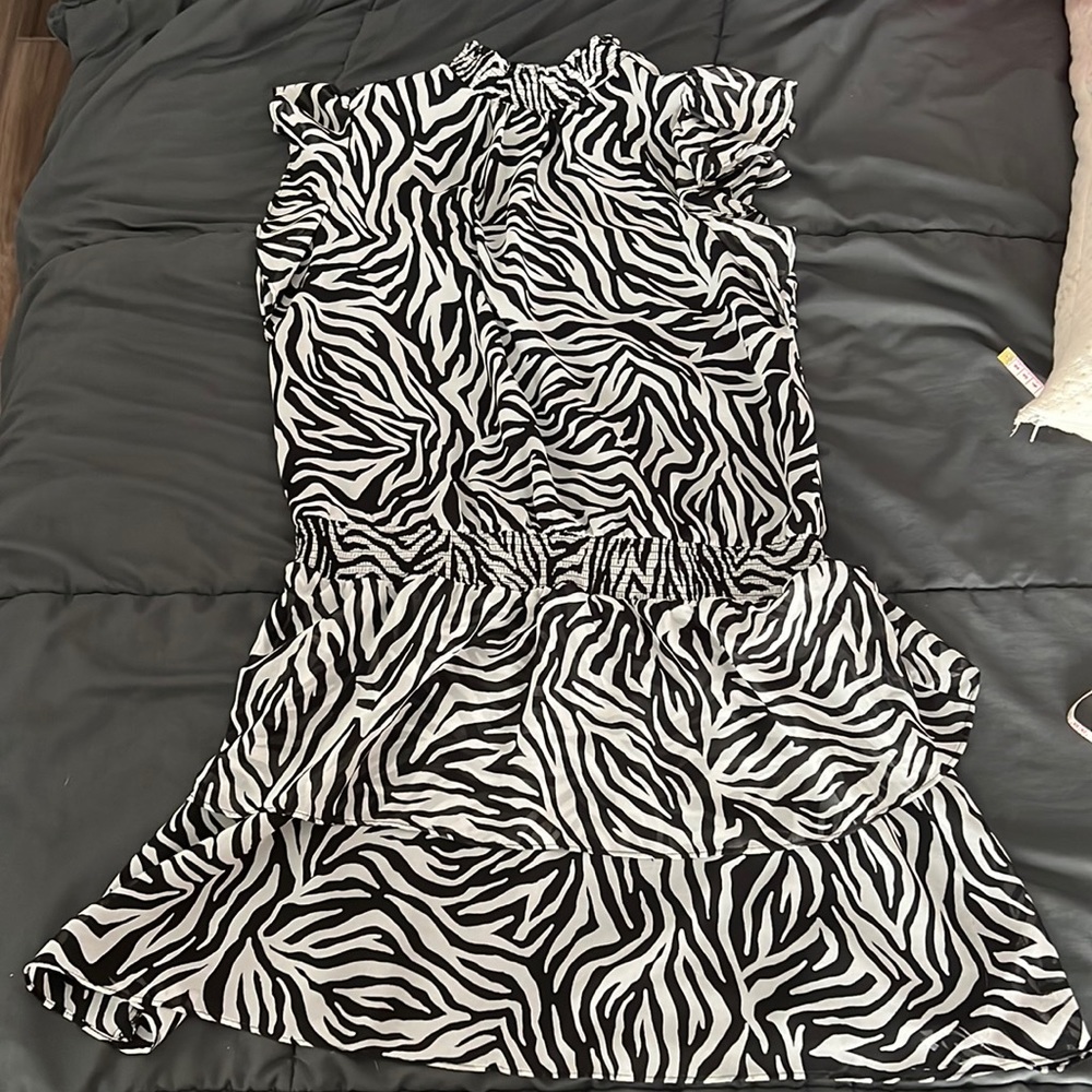 1. State MOCK NECK FLUTTER MINI DRESS IN CHIC ZEBRA